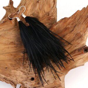 COPY - Feather earrings fashion jewelry black silver tone brand new long dangle…